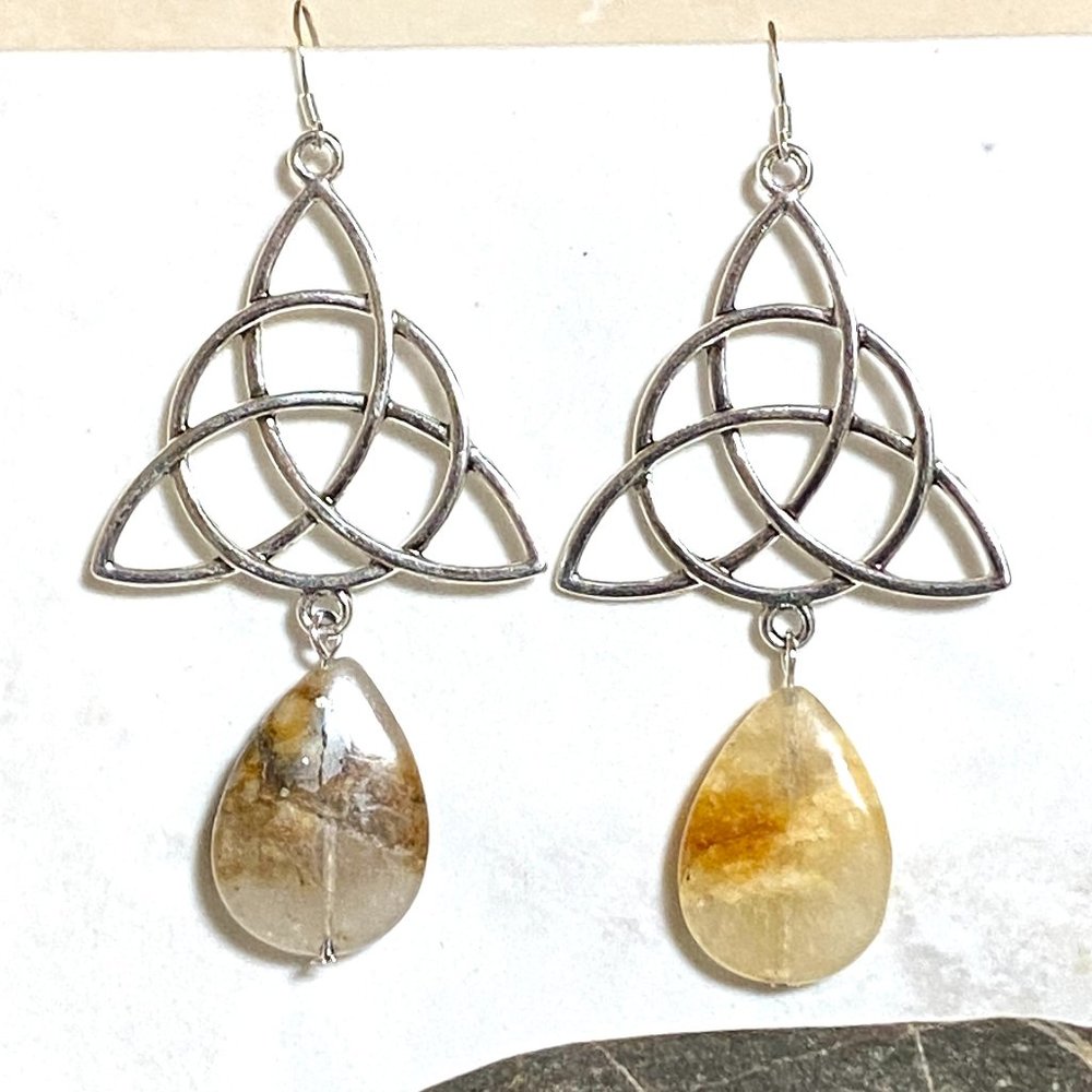 2/$20, Quartz Celtic Trinity Dangle Earrings, Genuine Gemstone + Sterling Silver